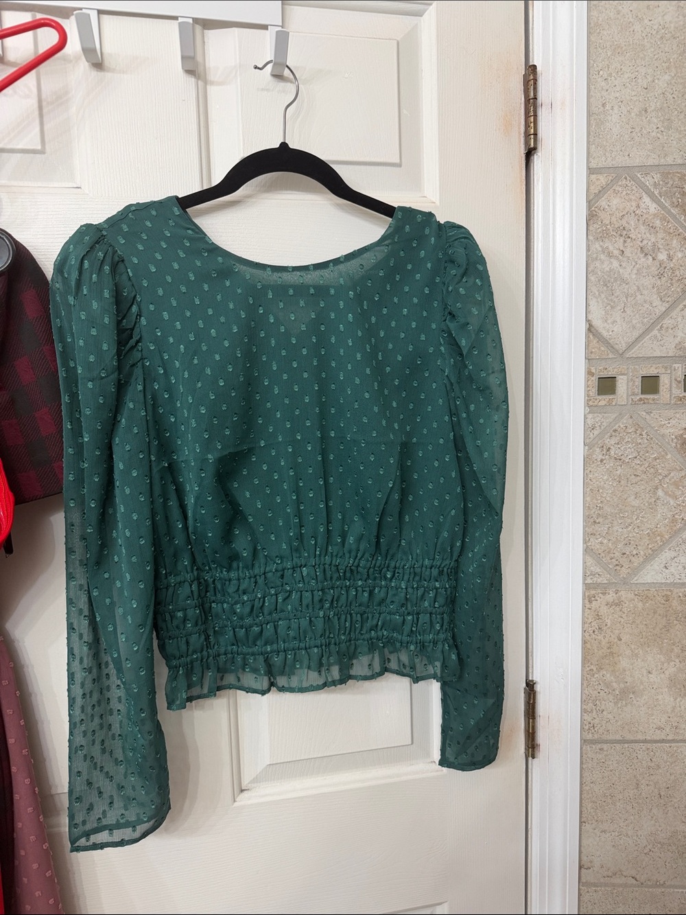 Express Teal Swiss Dot Long Sleeve Smocked Hem Blouse